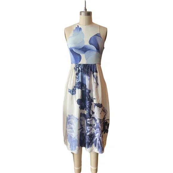 Tibi | Dresses | Tibi Blue And White Print Silk Midi Dress Size | Poshmark